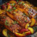 Honey glazed salmon fillets in a cast iron skillet, glossy mahogany honey-soy glaze coating pink salmon with crispy skin, caramelized peach wedges around the fish, sesame seeds and sliced scallions garnishing the top