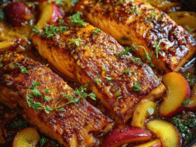 Honey glazed salmon fillets in a cast iron skillet, glossy mahogany honey-soy glaze coating pink salmon with crispy skin, caramelized peach wedges around the fish, sesame seeds and sliced scallions garnishing the top