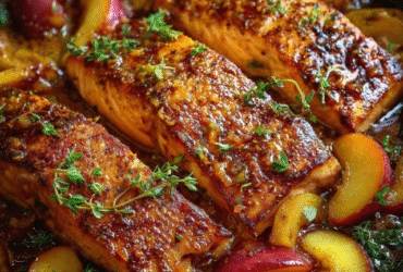 Honey glazed salmon fillets in a cast iron skillet, glossy mahogany honey-soy glaze coating pink salmon with crispy skin, caramelized peach wedges around the fish, sesame seeds and sliced scallions garnishing the top