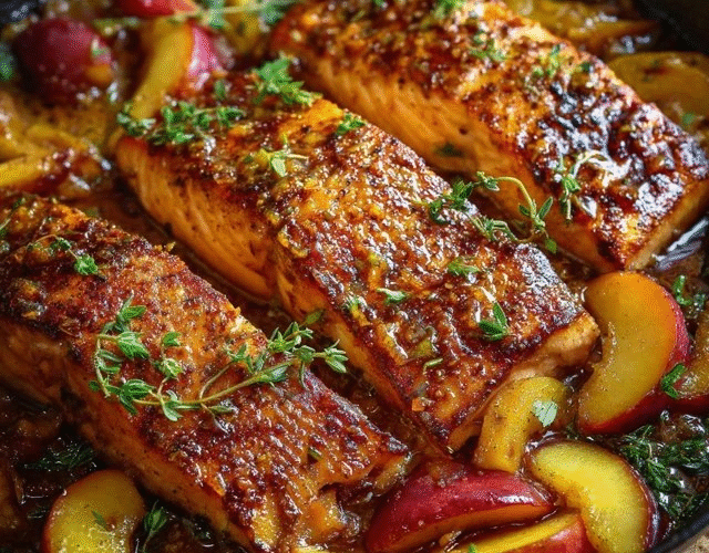 Honey glazed salmon fillets in a cast iron skillet, glossy mahogany honey-soy glaze coating pink salmon with crispy skin, caramelized peach wedges around the fish, sesame seeds and sliced scallions garnishing the top