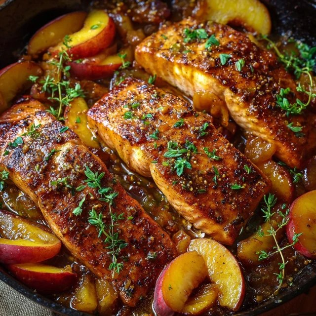 Close-up of honey glazed salmon showing sticky shiny glaze dripping down the fillet, flaky pink interior, caramelized peach slice with grill marks, fresh thyme sprig
