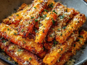 Crispy baked parmesan carrots on a sheet pan, whole roasted carrots glistening with garlic butter and golden parmesan crust, charred edges, fresh thyme sprigs and lemon wedges on the side
