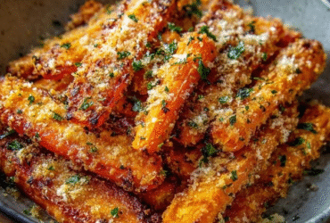 Crispy baked parmesan carrots on a sheet pan, whole roasted carrots glistening with garlic butter and golden parmesan crust, charred edges, fresh thyme sprigs and lemon wedges on the side