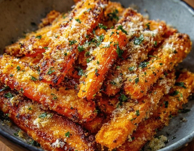 Crispy baked parmesan carrots on a sheet pan, whole roasted carrots glistening with garlic butter and golden parmesan crust, charred edges, fresh thyme sprigs and lemon wedges on the side