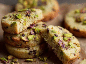 Pistachio shortbread cookies arranged on parchment paper, pale buttery rounds studded with bright green chopped pistachios, sugar-rimmed edges, light golden bottoms, fresh pistachios scattered around