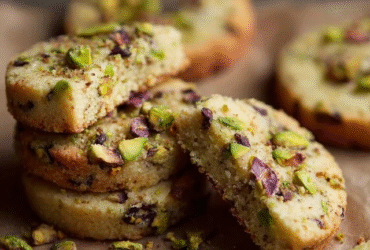 Pistachio shortbread cookies arranged on parchment paper, pale buttery rounds studded with bright green chopped pistachios, sugar-rimmed edges, light golden bottoms, fresh pistachios scattered around
