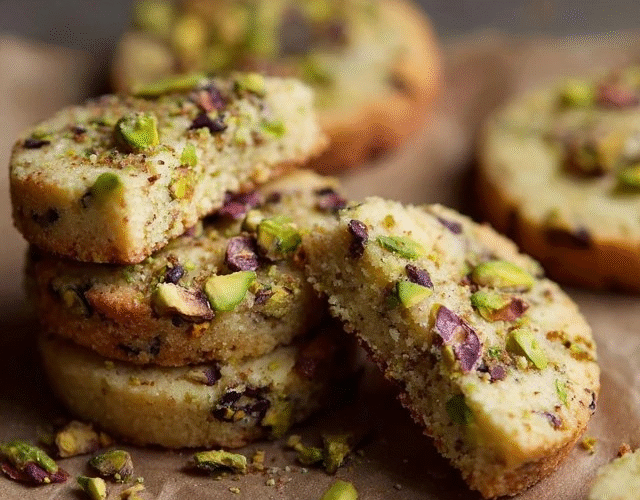 Pistachio shortbread cookies arranged on parchment paper, pale buttery rounds studded with bright green chopped pistachios, sugar-rimmed edges, light golden bottoms, fresh pistachios scattered around
