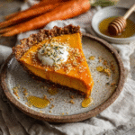 Carrot pie with honey drizzle on a wooden board, golden-orange spiced carrot custard filling in a flaky pie crust, glossy honey drizzle streaks across the top, dollop of whipped cream and toasted pecans garnish