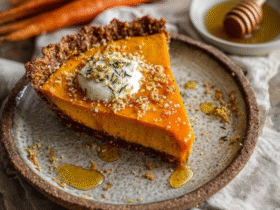 Carrot pie with honey drizzle on a wooden board, golden-orange spiced carrot custard filling in a flaky pie crust, glossy honey drizzle streaks across the top, dollop of whipped cream and toasted pecans garnish
