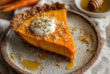 Carrot pie with honey drizzle on a wooden board, golden-orange spiced carrot custard filling in a flaky pie crust, glossy honey drizzle streaks across the top, dollop of whipped cream and toasted pecans garnish