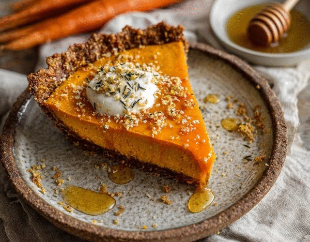 Carrot pie with honey drizzle on a wooden board, golden-orange spiced carrot custard filling in a flaky pie crust, glossy honey drizzle streaks across the top, dollop of whipped cream and toasted pecans garnish
