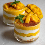 Mango mousse parfait in tall glasses, layers of golden-yellow whipped mango mousse alternating with white vanilla yogurt and crunchy granola, topped with fresh mango cubes and mint leaf, served on a bright table