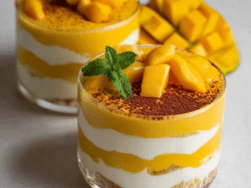 Mango mousse parfait in tall glasses, layers of golden-yellow whipped mango mousse alternating with white vanilla yogurt and crunchy granola, topped with fresh mango cubes and mint leaf, served on a bright table
