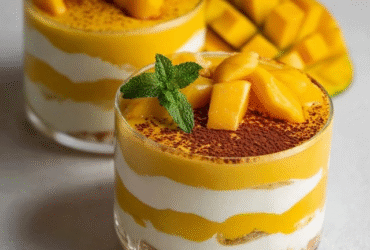 Mango mousse parfait in tall glasses, layers of golden-yellow whipped mango mousse alternating with white vanilla yogurt and crunchy granola, topped with fresh mango cubes and mint leaf, served on a bright table