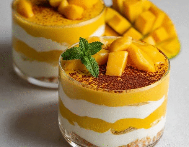 Mango mousse parfait in tall glasses, layers of golden-yellow whipped mango mousse alternating with white vanilla yogurt and crunchy granola, topped with fresh mango cubes and mint leaf, served on a bright table