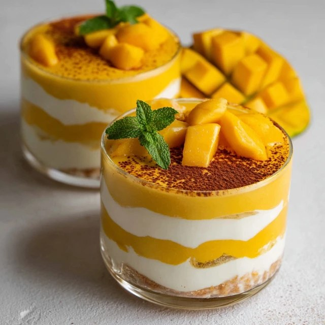 Mango mousse parfait in tall glasses, layers of golden-yellow whipped mango mousse alternating with white vanilla yogurt and crunchy granola, topped with fresh mango cubes and mint leaf, served on a bright table