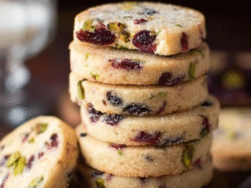 Cranberry pistachio shortbread cookies on a wire rack, pale buttery shortbread rounds with ruby-red dried cranberries and bright green chopped pistachios embedded throughout, festive holiday cookie tin in background