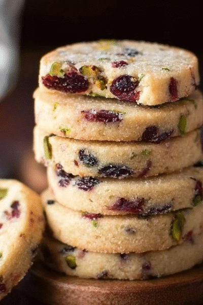 Cranberry pistachio shortbread cookies on a wire rack, pale buttery shortbread rounds with ruby-red dried cranberries and bright green chopped pistachios embedded throughout, festive holiday cookie tin in background