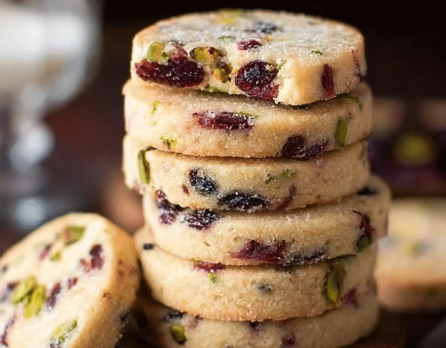 Cranberry pistachio shortbread cookies on a wire rack, pale buttery shortbread rounds with ruby-red dried cranberries and bright green chopped pistachios embedded throughout, festive holiday cookie tin in background