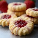 Jam thumbprint cookies on a sheet pan, pale golden butter cookies with deep wells filled with ruby raspberry and amber apricot jam, sprinkle of powdered sugar dusting, fresh berries scattered around