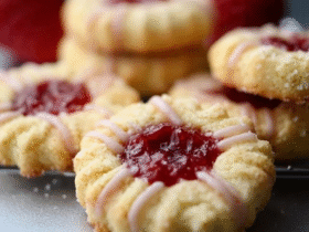 Jam thumbprint cookies on a sheet pan, pale golden butter cookies with deep wells filled with ruby raspberry and amber apricot jam, sprinkle of powdered sugar dusting, fresh berries scattered around