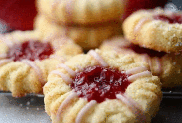 Jam thumbprint cookies on a sheet pan, pale golden butter cookies with deep wells filled with ruby raspberry and amber apricot jam, sprinkle of powdered sugar dusting, fresh berries scattered around