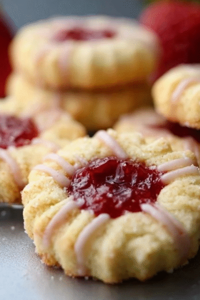 Jam thumbprint cookies on a sheet pan, pale golden butter cookies with deep wells filled with ruby raspberry and amber apricot jam, sprinkle of powdered sugar dusting, fresh berries scattered around