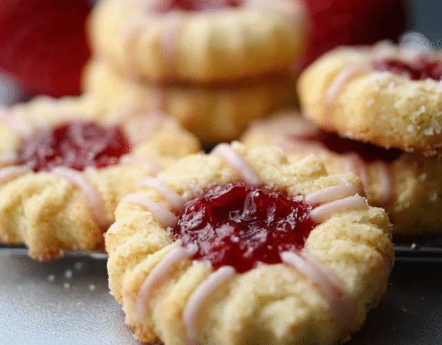 Jam thumbprint cookies on a sheet pan, pale golden butter cookies with deep wells filled with ruby raspberry and amber apricot jam, sprinkle of powdered sugar dusting, fresh berries scattered around