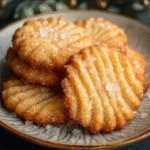 Danish butter cookies arranged in a vintage blue tin, golden-yellow piped swirl rosettes and pretzel shapes, pale buttery surface, sandy sugar crystals on top, cookie tin lid lifted to reveal contents