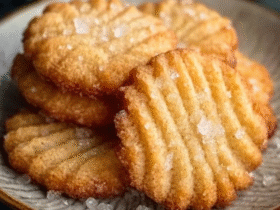 Danish butter cookies arranged in a vintage blue tin, golden-yellow piped swirl rosettes and pretzel shapes, pale buttery surface, sandy sugar crystals on top, cookie tin lid lifted to reveal contents