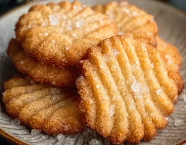 Danish butter cookies arranged in a vintage blue tin, golden-yellow piped swirl rosettes and pretzel shapes, pale buttery surface, sandy sugar crystals on top, cookie tin lid lifted to reveal contents