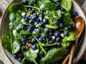 Spinach blueberry salad in a wooden bowl, fresh baby spinach leaves with vibrant blue blueberries scattered throughout, crumbled white feta cheese chunks, golden toasted pecans, drizzled with light lemon vinaigrette
