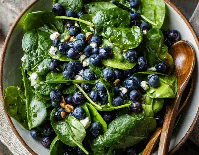 Spinach blueberry salad in a wooden bowl, fresh baby spinach leaves with vibrant blue blueberries scattered throughout, crumbled white feta cheese chunks, golden toasted pecans, drizzled with light lemon vinaigrette