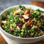 Quinoa kale salad in a ceramic bowl, fluffy tri-color quinoa with massaged green kale leaves, ruby red dried cranberries scattered, crumbled white feta cheese, golden almond slivers, lemony vinaigrette dressing