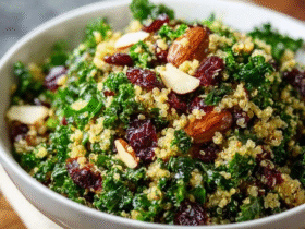 Quinoa kale salad in a ceramic bowl, fluffy tri-color quinoa with massaged green kale leaves, ruby red dried cranberries scattered, crumbled white feta cheese, golden almond slivers, lemony vinaigrette dressing