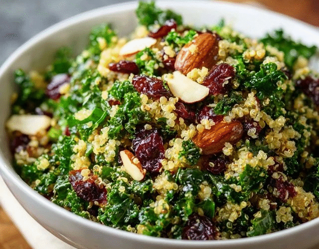 Quinoa kale salad in a ceramic bowl, fluffy tri-color quinoa with massaged green kale leaves, ruby red dried cranberries scattered, crumbled white feta cheese, golden almond slivers, lemony vinaigrette dressing
