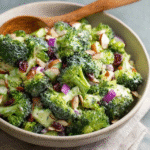 Broccoli salad with almonds in a large white serving bowl, bright green raw broccoli florets coated in creamy ivory dressing, crispy crumbled bacon bits, ruby red cranberries, golden toasted almond slivers, red onion specks
