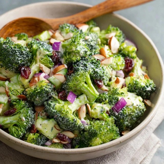 Broccoli salad with almonds in a large white serving bowl, bright green raw broccoli florets coated in creamy ivory dressing, crispy crumbled bacon bits, ruby red cranberries, golden toasted almond slivers, red onion specks