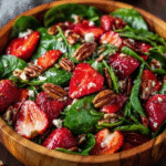 Strawberry spinach salad in a glass serving bowl, fresh baby spinach with ruby-red sliced strawberries, white crumbled feta cheese, golden candied pecans, drizzled with poppy seed dressing, fresh basil leaves garnish
