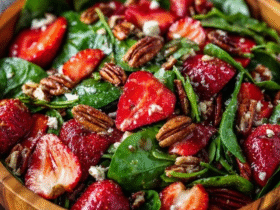Strawberry spinach salad in a glass serving bowl, fresh baby spinach with ruby-red sliced strawberries, white crumbled feta cheese, golden candied pecans, drizzled with poppy seed dressing, fresh basil leaves garnish