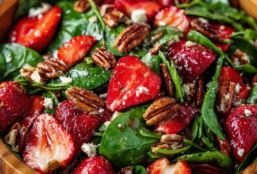 Strawberry spinach salad in a glass serving bowl, fresh baby spinach with ruby-red sliced strawberries, white crumbled feta cheese, golden candied pecans, drizzled with poppy seed dressing, fresh basil leaves garnish