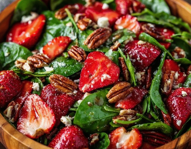 Strawberry spinach salad in a glass serving bowl, fresh baby spinach with ruby-red sliced strawberries, white crumbled feta cheese, golden candied pecans, drizzled with poppy seed dressing, fresh basil leaves garnish