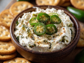 Jalapeño cream cheese dip in a small ceramic bowl, creamy pale-green whipped cream cheese base studded with bright green diced jalapeños, melted sharp cheddar swirls, crispy bacon pieces, fresh herb garnish, tortilla chips fanned around