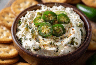 Jalapeño cream cheese dip in a small ceramic bowl, creamy pale-green whipped cream cheese base studded with bright green diced jalapeños, melted sharp cheddar swirls, crispy bacon pieces, fresh herb garnish, tortilla chips fanned around