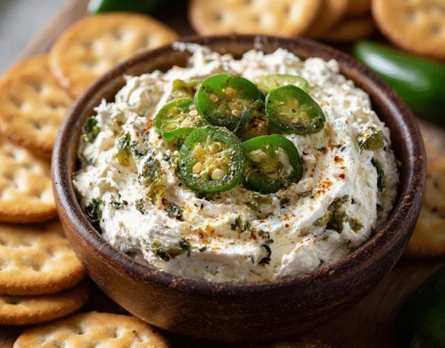 Jalapeño cream cheese dip in a small ceramic bowl, creamy pale-green whipped cream cheese base studded with bright green diced jalapeños, melted sharp cheddar swirls, crispy bacon pieces, fresh herb garnish, tortilla chips fanned around