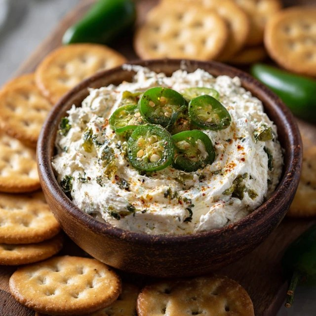 Jalapeño cream cheese dip in a small ceramic bowl, creamy pale-green whipped cream cheese base studded with bright green diced jalapeños, melted sharp cheddar swirls, crispy bacon pieces, fresh herb garnish, tortilla chips fanned around