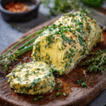 Herb compound butter rolled into a log on parchment paper, soft pale-yellow butter studded with bright green chopped parsley, chives and thyme, garlic specks visible, lemon zest flecks, sliced into rounds on a wooden board