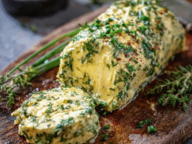 Herb compound butter rolled into a log on parchment paper, soft pale-yellow butter studded with bright green chopped parsley, chives and thyme, garlic specks visible, lemon zest flecks, sliced into rounds on a wooden board