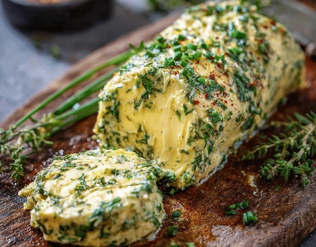 Herb compound butter rolled into a log on parchment paper, soft pale-yellow butter studded with bright green chopped parsley, chives and thyme, garlic specks visible, lemon zest flecks, sliced into rounds on a wooden board