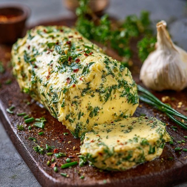 Close-up of compound butter slice showing pale yellow butter base with vivid green herbs, minced garlic pieces, golden lemon zest, smooth creamy texture, slight melt sheen